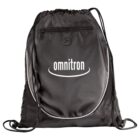 Black drawstring backpack with omnitrion logo and a front zip pocket.