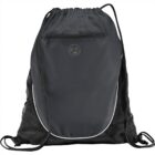Black drawstring backpack with a front pocket and mesh sides.