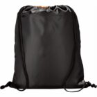 Black drawstring backpack with orange lining, against a white background.