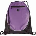 Purple drawstring bag with a front pocket and black mesh sides.
