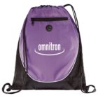 Purple drawstring backpack with Omnitron logo and front zipper pocket.