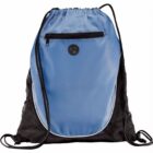 Blue and black drawstring backpack with front zipper pocket.