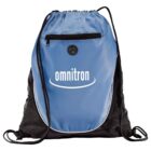 Blue drawstring backpack with omnitrion logo and black mesh pockets.