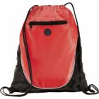 Red and black drawstring backpack with a front zipper pocket and a circular logo.