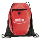 Red and black drawstring backpack with omnitron text and front zipper pocket.