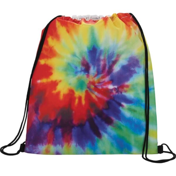 Tie-dye drawstring bag with a colorful spiral pattern.