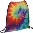 Tie-dye drawstring backpack with a rainbow spiral pattern.