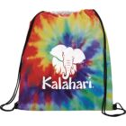 Tie-dye drawstring bag with white elephant logo and Kalahari text.