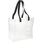 Clear tote bag with black handles on a white background.