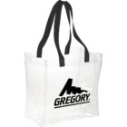 Clear tote bag with black handles and Gregory logo on the front.