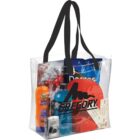 Transparent bag with snacks, a drink, sunscreen, a camera, and a rolled-up item inside.