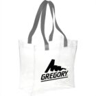Clear tote bag with gray handles, Gregory logo in black.