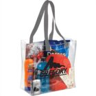 Clear tote bag with camera, sunscreen, snacks, drink, hat, and tickets inside.
