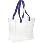Clear tote bag with blue handles.
