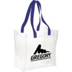 Clear tote bag with dark blue handles and Gregory logo in black.