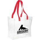 Clear tote bag with red straps and Gregory logo in black.
