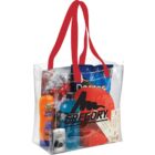 Clear tote bag with red handles, snacks, sunscreen, camera, drink, and red cap inside.