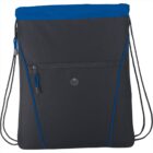 Black and blue drawstring backpack with a front zipper pocket.