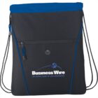 Black drawstring backpack with blue trim and Business Wire logo on the front pocket.