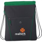 Black and green drawstring bag with realtech linux provider logo.