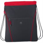 Black and red drawstring backpack with a front zipper pocket and a small circular logo.