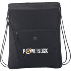 Black drawstring backpack with POWERLOGIX logo and front zipper pocket.