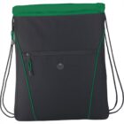 Black drawstring backpack with green trim and a front zip pocket.