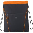 Black drawstring backpack with orange accents and a front zipper pocket.