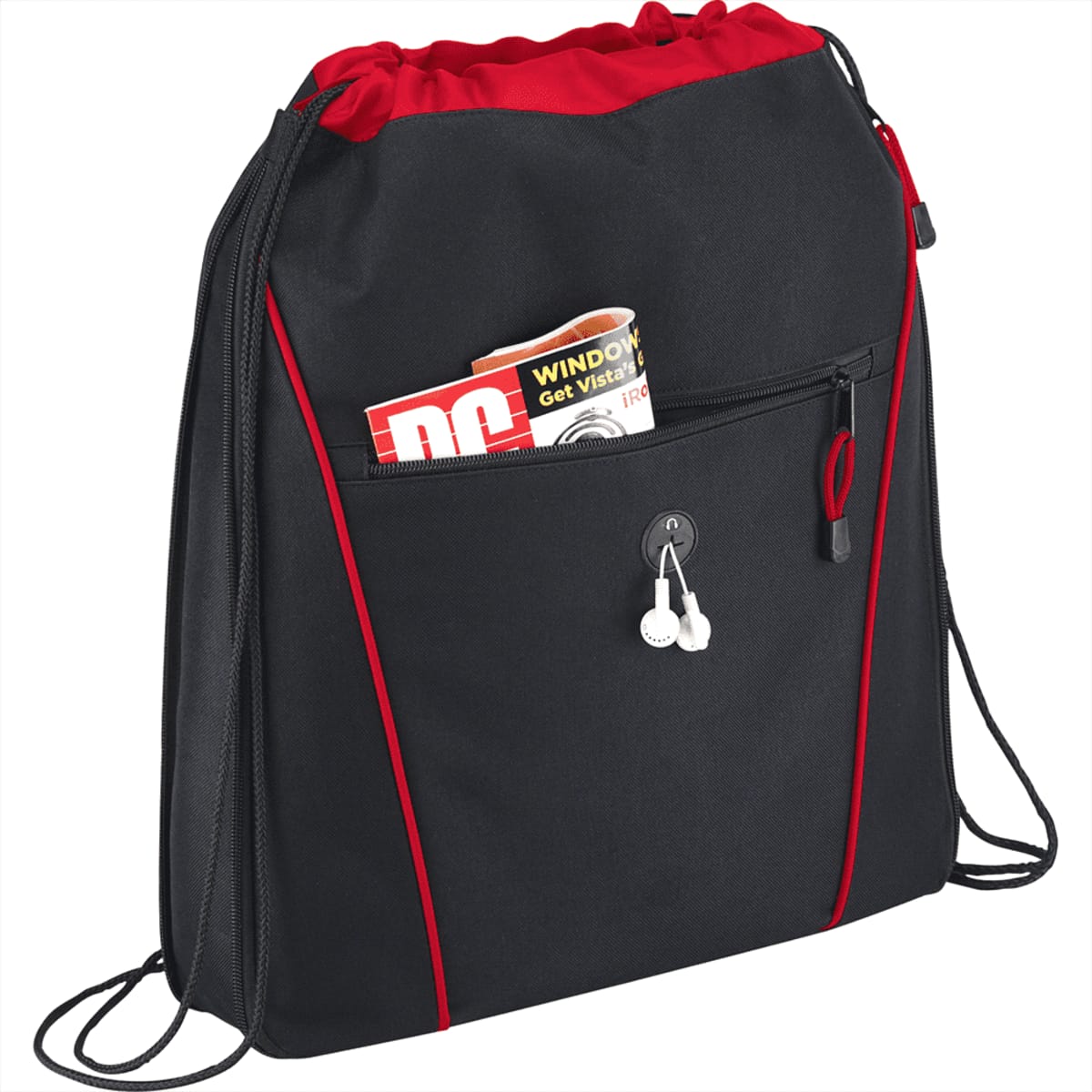 Black drawstring bag with red accents, headphone wires, and a magazine in the front pocket.