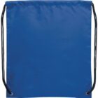 A blue drawstring bag with black cords.