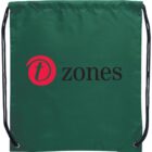 Green drawstring bag with black strings and t zones logo in red and black.