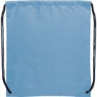 Light blue drawstring bag with black strings on a white background.