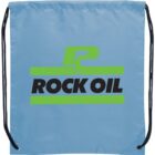 Blue drawstring bag with Rock Oil logo in green and black.