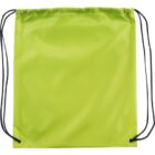 Bright green drawstring backpack with black cords against a white background.