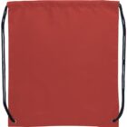 Red drawstring backpack with black cords against a white background.