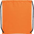 Orange drawstring bag with black cords and metal eyelets.