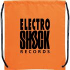 Orange drawstring bag with Electro Shock Records in bold black letters.