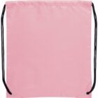 Pink drawstring backpack with black straps.