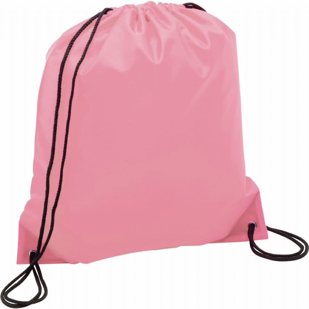 Pink drawstring backpack with black cords.