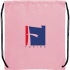 Pink drawstring backpack with a blue and red abstract logo and FUNIKA text.