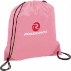 Pink drawstring bag with ROSSIGNOL and logo in white. Black straps hang down the sides.