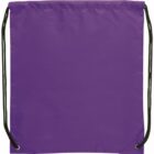 Purple drawstring bag with black cords on a white background.