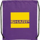 Purple drawstring bag with a yellow rectangle and SHARP written in the center.