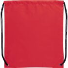 A red drawstring backpack with black cords.