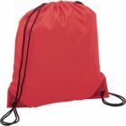 Red drawstring bag with black strings against a white background.