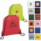 Two drawstring bags with various company logos displayed on the left; more logo bags on the right.