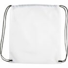 Plain white drawstring bag with black cords.