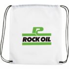 White drawstring bag with green ROCK OIL logo.