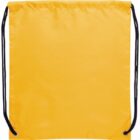 Yellow drawstring bag with black cords against a white background.