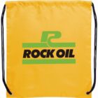 Yellow drawstring bag with a green and black Rock Oil logo on it.
